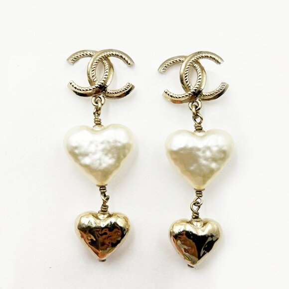 Chanel Gold CC Faux Baroque Heart Pearl Heart Gold Dangling Piercing Earrings - Picture 1 of 5
